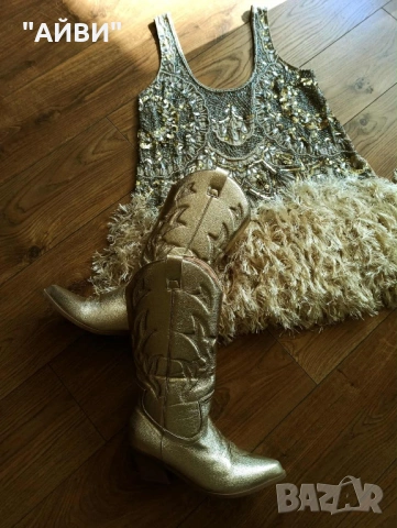 Дамски каубойски ботуши в златисто, снимка 7 - Дамски ботуши - 53964658