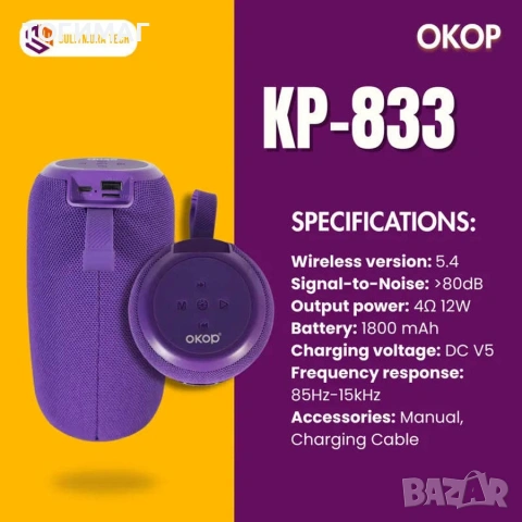 Преносима безжична колонка KP-833 – 12W Hi-Fi стерео звук с RGB подсветка, снимка 4 - Тонколони - 55022714