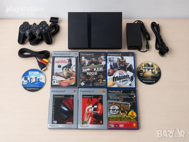PlayStation 2 Slim (PS2) Конзола с Джойстик, Кабели и 8 Игри