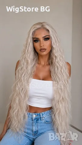 100см студено бяло-руса лейс фронт перука на къдрици , lace front curl wig