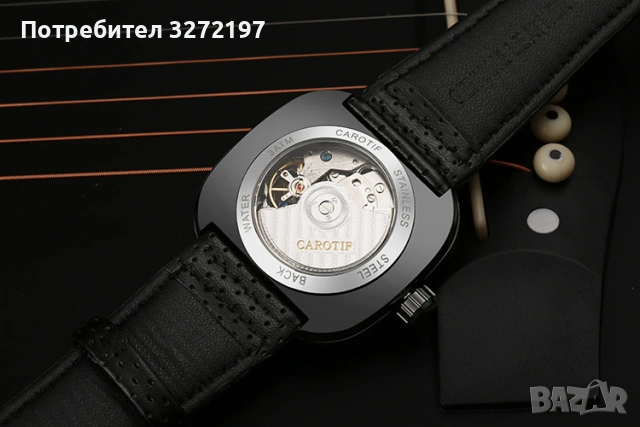 CAROTIF Автоматичен Механичен часовник,квадратен циферблат,кожена каишка,дата, снимка 7 - Мъжки - 54241860