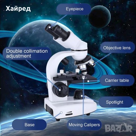 НОВ Комбиниран бинокулярен микроскоп, окуляри WF10x и WF25x, увеличение 40X-1000X, LED светлина, снимка 4 - Лаборатория - 54840050