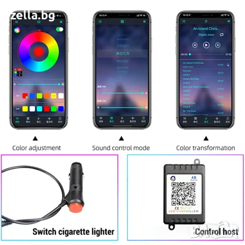 Гъвкава RGB LED неонова лента 6м за амбиентно осветление в автомобил, управление през 10262, снимка 3 - Части и Платки - 54662047