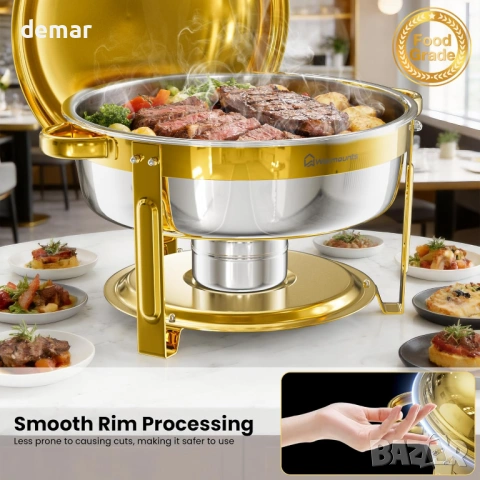 Комплект за бюфет WARMOUNTS 6L Gold Chafing Dish, 2 броя, кръгли затоплящи чинии с капак, снимка 5 - Сервизи - 54327891