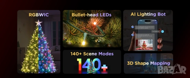 Kоледни смарт лампички Govee Christmas Sparkle String Lights 99ft - 30 метра RGBWIC 375 LED, снимка 13 - Други - 54684243