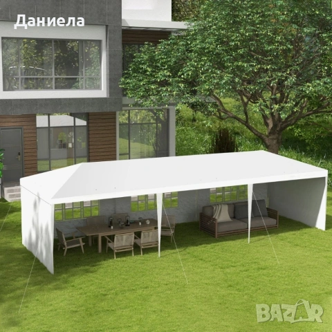 Градинска бяла шатра 3x9 м - Водоустойчив павилион с 8 стени, прозорци и метална конструкция , снимка 4 - Градински мебели, декорация  - 54749672