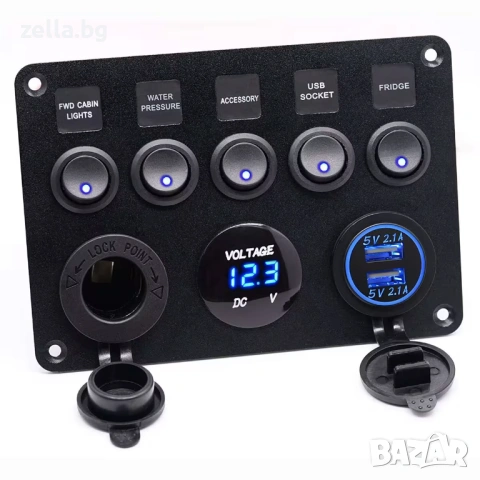 Автомобилен контролен панел с 5 бутона ON/OFF, IP65, 12V/24V – с волтметър, USB и гнездо 10228