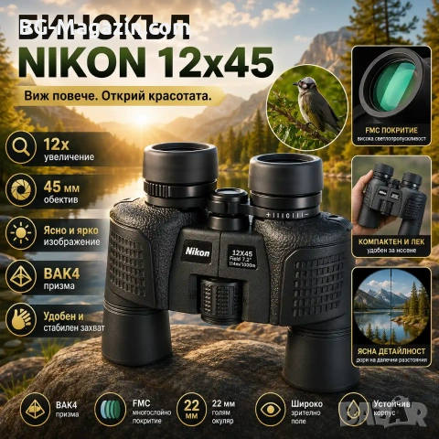 Мощен ловен бинокъл NIKON 12×45 за лов туризъм наблюдение на птици животни природа професионален