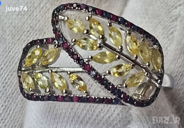 СРЕБЪРЕН ПРЪСТЕН С ЖЪЛТИ САПФИРИ (ШРИ ЛАНКА)