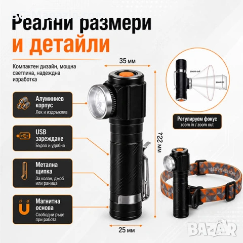 Мощен LED акумулаторен челник за глава 2в1 туристически лед фенер USB за риболов къмпинг палатка, снимка 4 - Къмпинг осветление - 50938502