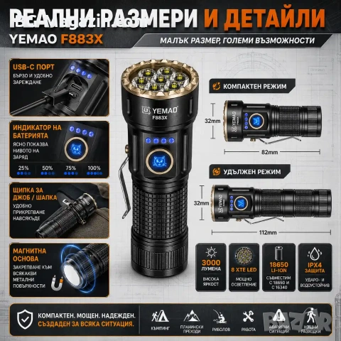 Мощен  фенер YEMAO ръчен LED прожектор 3000 Лумена 8 LED Диода за къмпинг лов риболов туризъм, снимка 6 - Къмпинг осветление - 54027515