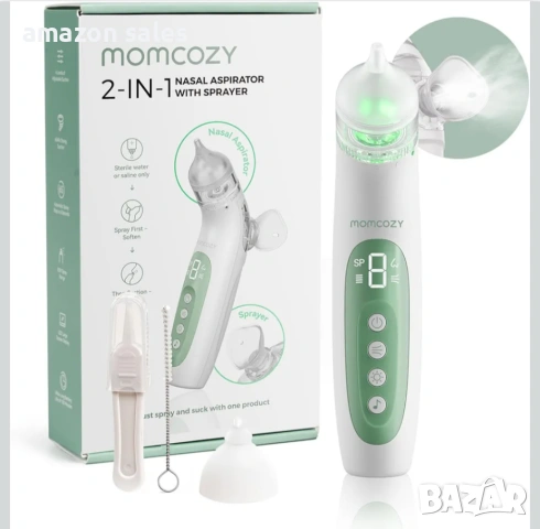 Momcozy BreezyClear™ акумулаторен назален аспиратор 2 в 1 със спрей и засмукване,медицински клас,нов