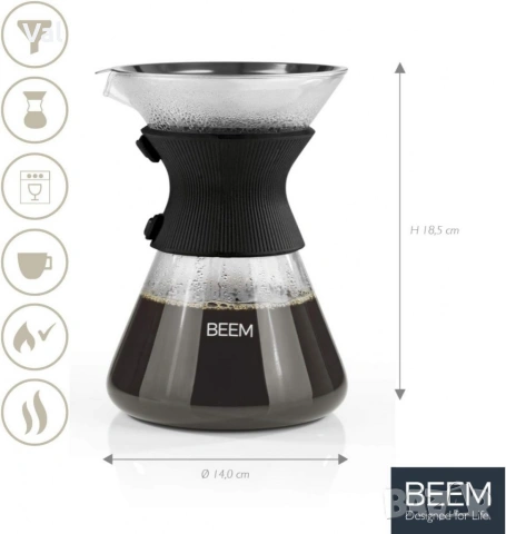 1бр/ Стъклена кана с метален филтър BEEM Classic Selection Pour Over (до 6 чаши), снимка 5 - Кани - 54923542