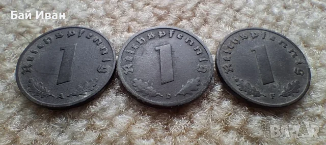 Стара монета/и 1 пфенинг 1942 г. букви А , D и F свастика - Германия - цинкови, снимка 10 - Нумизматика и бонистика - 55380701