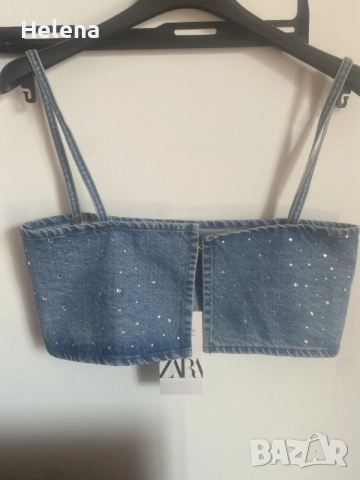 Нов дънков топ със стрази (камъни) Zara – размер M, снимка 4 - Рокли - 55185725