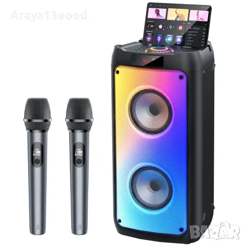 Караоке колона с 2 безжични микрофона, Bluetooth, 200W Peak, TWS и LED светлини