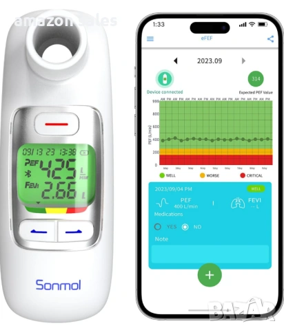 Пиков дебитомер Sonmol,Bluetooth,PEF и FEV1 за деца,възрастни,астма,ХОББ и други белодробни - нов, снимка 10 - Други - 54386882