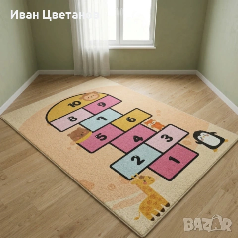 Детски килим за игра 120х160см - Пясъчен килим с жирав и розова дама, противоплъзгащ и миещ се