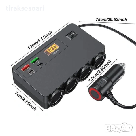 Разклонител за запалка 12V/24V 120W с 4 гнезда USB Type-C и волтметър, снимка 2 - Аксесоари и консумативи - 54448019