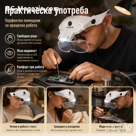 Акумулаторна лупа за глава с различни увеличения и LED осветление за четене шиене бродиране гоблени, снимка 6 - Други инструменти - 54027220