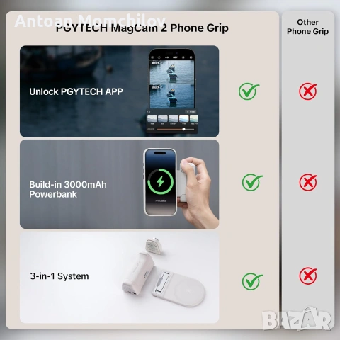 Магнитен грип за телефон PGYTECH MagCam 2, снимка 6 - Калъфи, кейсове - 55233794