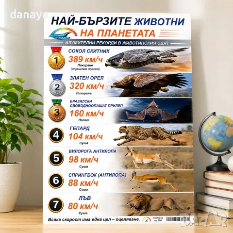 6949 Най-бързите животни на планетата табло А3, ламинирано, снимка 2 - Ученически пособия, канцеларски материали - 55502804