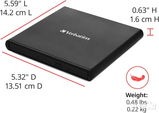 Чисто Ново Запечатано Външно записващо устройство Verbatim Slimline CD/DVD Writer (USB 2.0, черно) , снимка 6 - Други - 55677329