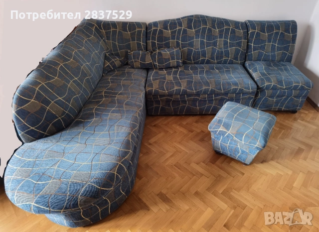 Голям холен диван 2 части, с фотьойл и табуретка, ракла, разтегателен