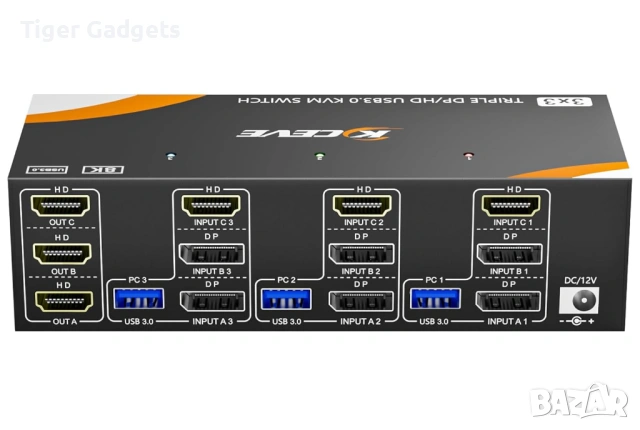KCEVE KVM303 Triple Monitor KVM Switch – 3 компютъра към 3 монитора, 8K@60Hz / 4K@144Hz