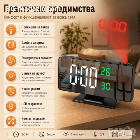 LED електронен настолен часовник с проектор температура влажност будилник за спалня дигитален USB, снимка 3 - Други - 51038981