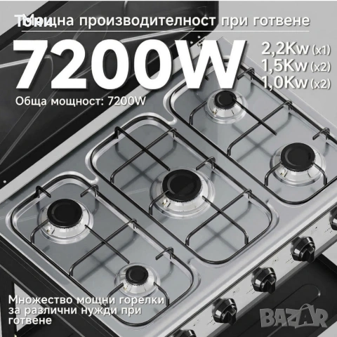 Газова печка HOMELUX с 5 котлона и стелаж на два етажа, неръждаема стомана, автоматично запалване,, снимка 2 - Печки, фурни - 55127187