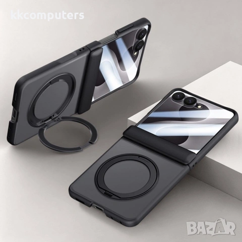 За Samsung Galaxy Z Flip8 Магнитен PC TPU Калъф със Стойка 360°, Матов Гръб и Скрийн Протектор от За