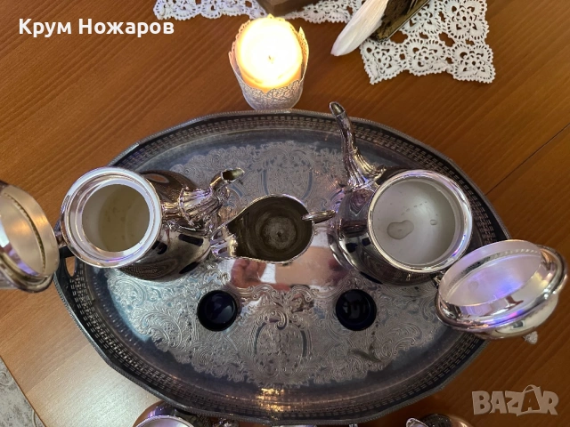 Продавам Посребрен Англйски сервиз за чай пълен комплект с поднос, снимка 15 - Сервизи - 54651007