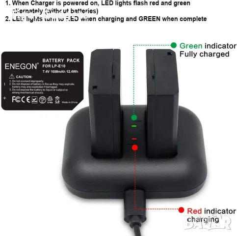 Комплект 2 батерии ENEGON LP-E10 1680mAh + двойно USB зарядно за Canon EOS и Rebel, снимка 6 - Батерии, зарядни - 55653456