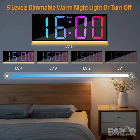 Дигитален Стенен Часовник 12" RGB LED с Дистанционно, Дата и Будилник, снимка 7 - Стенни часовници - 54971834