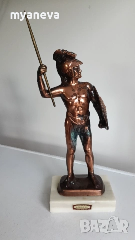 Ахил с щит и копие, стара , метална статуетка върху мраморен постамент, снимка 4 - Статуетки - 54207701