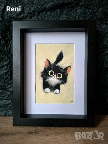 Черно коте, илюстрация въглен, оригинал, снимка 3 - Картини - 54029847