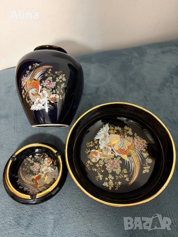 Елегантен винтидж комплект трио в японски стил – ваза, купа и пепелник