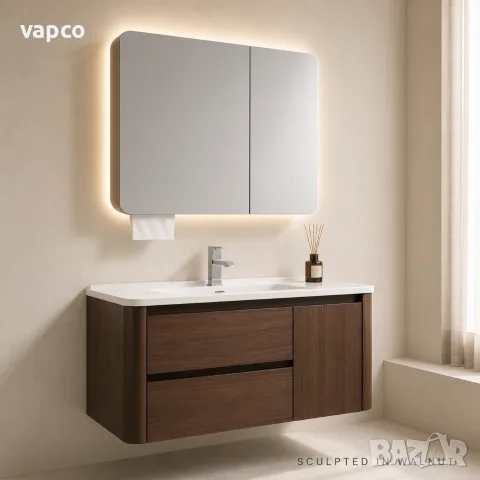 Луксозен шкаф за баня от масивно дърво 2801 (Walnut Balance) със заоблен дизайн и смарт огледало, снимка 2 - Шкафове - 55480754