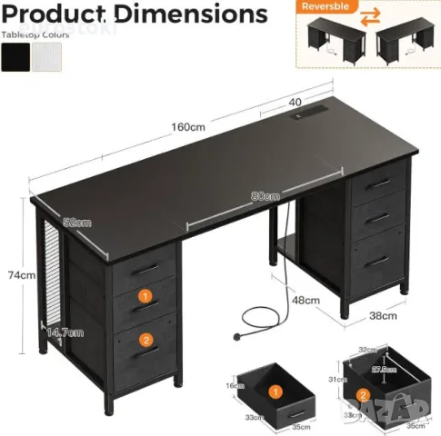 Бюро Coleshome с 6 чекмеджета, 160x52 см, вграден контакт и USB порт, бюро за компютър , снимка 5 - Бюра - 55646986