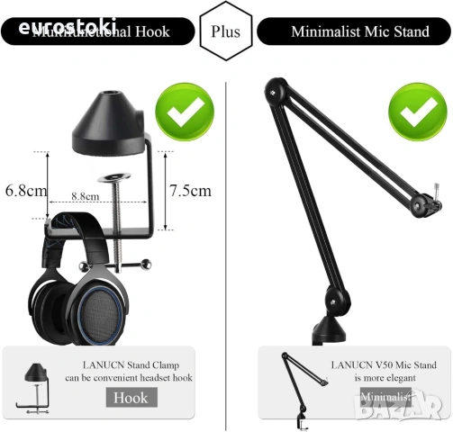  LANUCN Boom Arm pro - 3/8 5/8 Стабилна висококачествена метална стойка с рамо за микрофон, снимка 4 - Микрофони - 54741798
