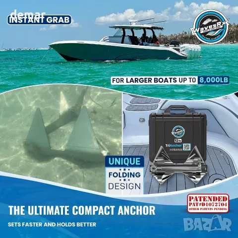WAVESRX TriAnchor Сгъваема котва от неръждаема стомана за лодка, джет или катер, 12 lb, снимка 2 - Аксесоари и консумативи - 55492335