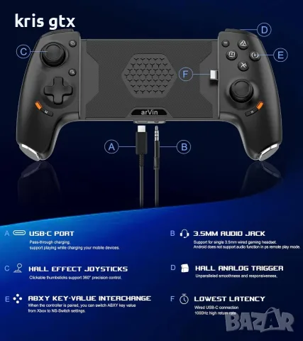 arVin Mobile Gaming Controller за Android и iPhone USB-C безжичен телефонен контролер с Hall Effect , снимка 2 - Слушалки, hands-free - 55378381
