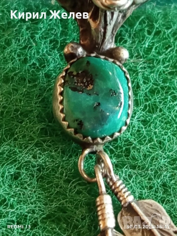 Сребърен медальон с Вълча глава , тюркоаз и висящи пера Индиански стил 54205, снимка 4 - Колиета, медальони, синджири - 54027917