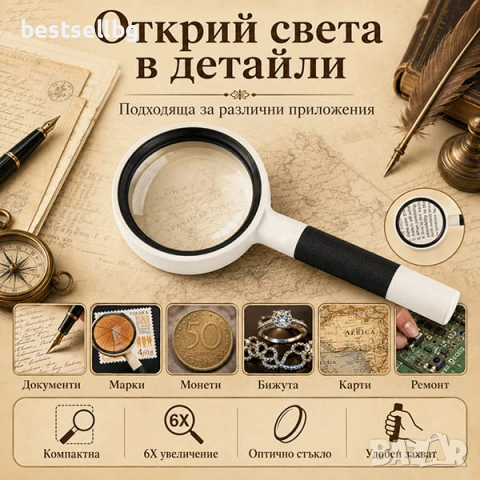 Стъклена мощна увеличителна ръчна лупа 6x увеличение четене документи, снимка 5 - Други инструменти - 46835966