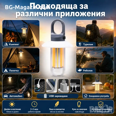 Мощна акумулаторна преносима LED лампа къмпинг осветление лед фенер за риболов туризъм палатка силна, снимка 6 - Къмпинг осветление - 51178731