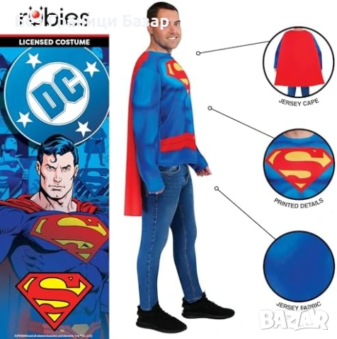 Нов Superman DC Comics костюм за възрастни M-L с пелерина за Хелоуин карнавал маскарад, снимка 3 - Други - 54505471