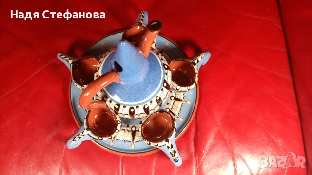 Ретро керамичен комплект за греяна ракия, павурче,  5 кратунки и табличка, снимка 3 - Антикварни и старинни предмети - 55220685