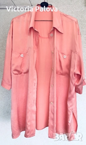 Alberto Fabiani 100% коприна – luxury oversized риза в цвят Peach Amber Италия, снимка 3 - Ризи - 54725647
