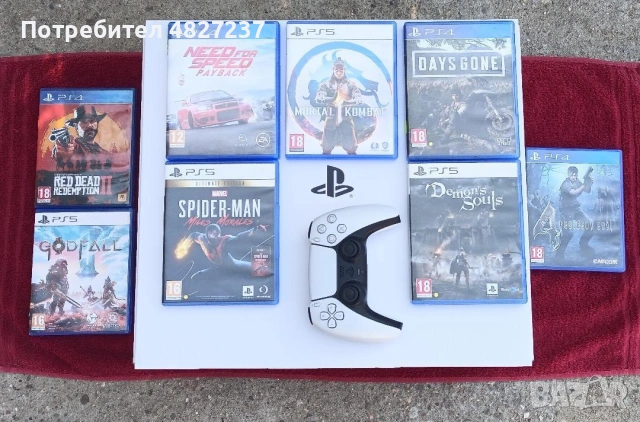 PS5 конзола с игри и контролер.